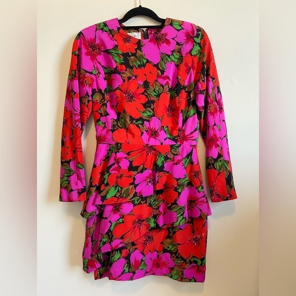 Scaasi Vintage Pink Floral Long Sleeve Layered 100% Silk Mini Dress Size 8 Belt